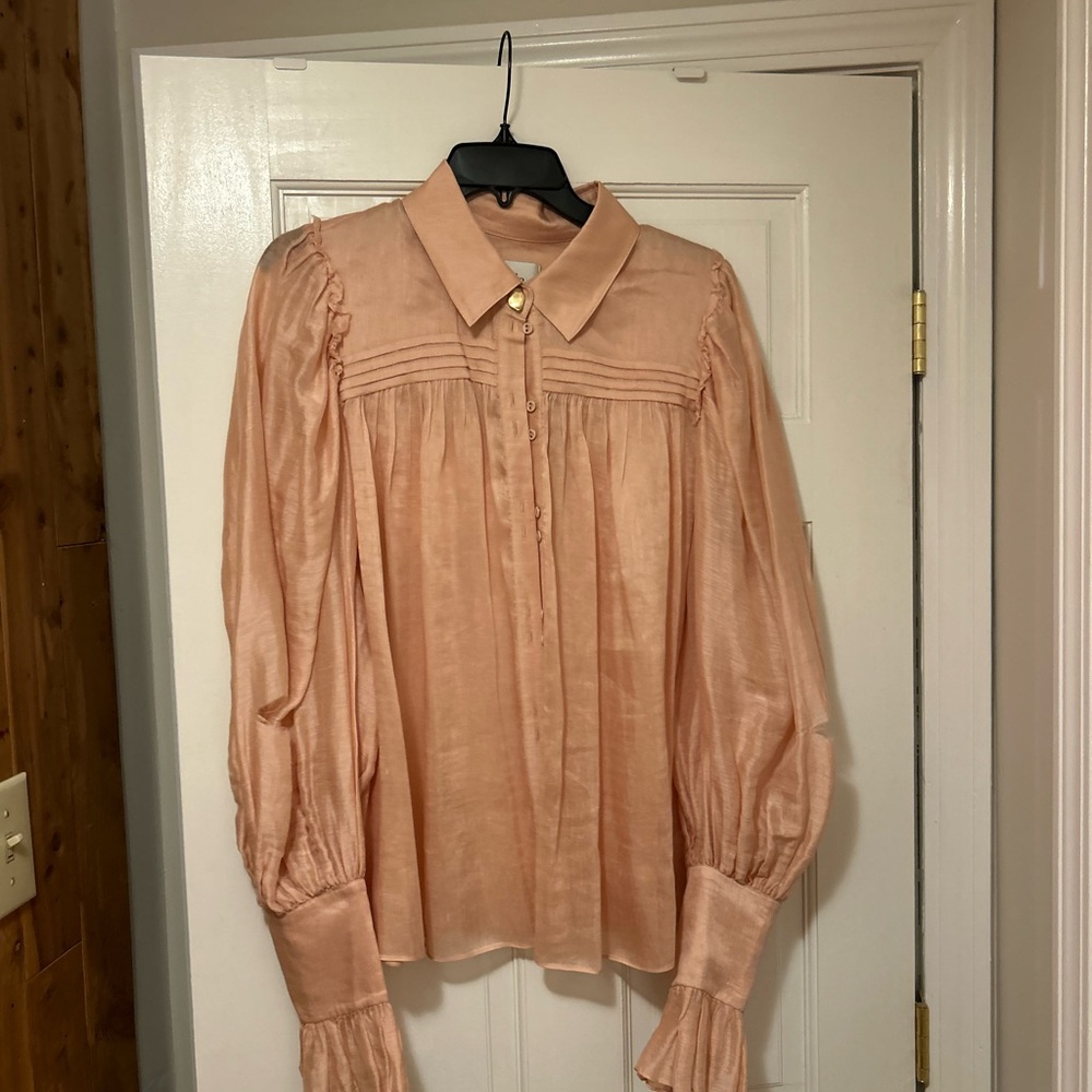 Aje Blush Pink Blouse Sheer Iridescent Linen Oversized Statement Button